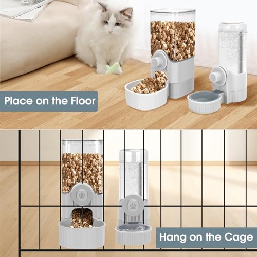 Hanging Cage Auto Small Pet Feeder Waterer Set for Puppy Cats, Grey | 1.2L Self-Feeding Feeder, 0.52L Waterer Set, Non-Spill Auto Gravity Kennel Feeding Station For Puppy Cats Rabbit Ferret - color: Grey