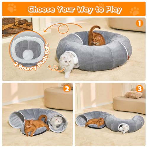 Cat Tunnel Bed for Indoor Cats 35.5 Inch XL Cat Donut Tunnels Grey | 2 in 1 Cat Tunnels for Indoor Cats Kitten Puppy Rabbit Pet Tunnel Toy with Washable Cushion Bed Grey