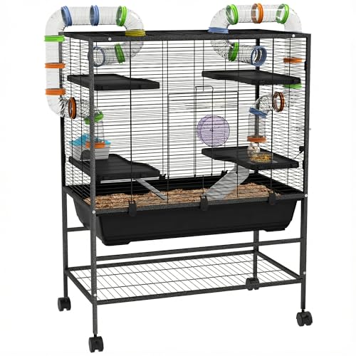 PawHut 32" Large Hamster Cage with Storage Shelf for Syrian Hamster, Tubes | Rat Cage, for Gerbils, Running Wheel, Food Dish, Water Bottle