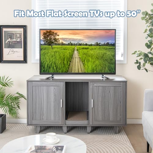 PETSITE Litter Box Enclosure for 2 Litter Boxes, Hidden Cat Washroom TV Stand End Table with 2 Cabinet, Scratching Board, Indoor Cat Litter Furniture (Grey Wash), Patented - color: Grey Wash