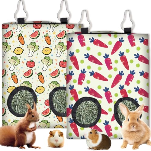 2Pcs 2 Styles Rabbit Hay Feeder Bags for Guinea Pigs Chinchillas 11.6 x 9.1 Inch Hanging Hay Bag with 2 Holes Vegetables Fruit Cloth Washable Small Animal Feeding Storage Cage Accessories - color: Vegetables