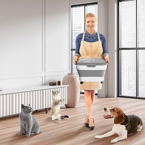 Dog Food Storage Container 17 lb, Airtight Pet Food Storage Containers with Wheels & Removable Sealed Lid, Collapsible Cat Food Containers Dry Food with Scoop and Measuring Cups - color: Gray & White