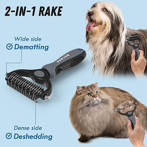 Docrok Pet Grooming Brush and Metal Comb Combo for Dogs & Cats, Gray | Dematting Deshedding Undercoat Rake, Cat Brush Dog Brush Shedding Tool for Long Matted Haired Pets - color: Gray