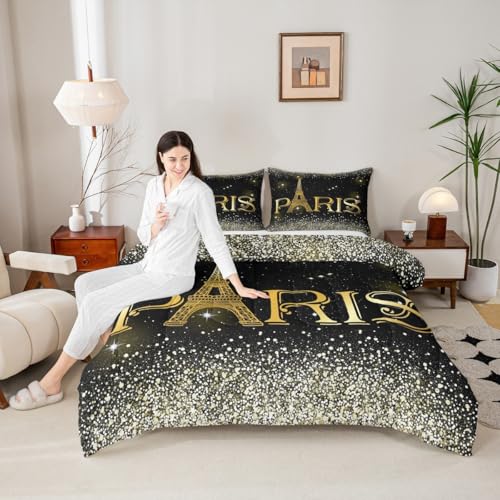 Erosebridal 2 Pcs Eiffel Tower Comforter Set,City Building of Paris Quilted Comforter Twin Size,Gold Yellow Ombre Glitter Bedding Set with 1 Pillow Case - color: Multi 30, size: Twin
