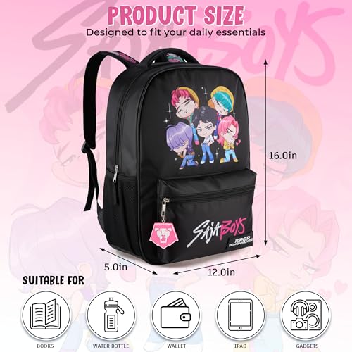 AI ACCESSORY INNOVATIONS K-Pop Demon Hunters Chibi Saja Boys 16” Backpack for Girls, Featuring Jinu, Abby, Mystery, Romance, & Baby, Saja Rubber Molded Bag Charm, Saja Boys - style: Saja Boys