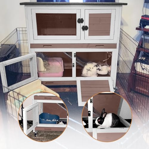 Rabbit Hutch Indoor Outdoor, Bunny Cage with Casters, Guinea Pig Cage Bunny Hutch with Two Plastic Trays 36inch-Brown - color: #Brown-Medium