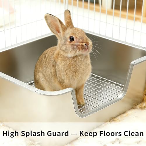 PODOO Bunny Litter Box, Stainless Steel Sifting Pan with Non-Slip Pads | Stainless steel sifting pan lets waste fall below; raised sides and non-slip pads help keep the litter area stable and tidy - color: Stainless Steel