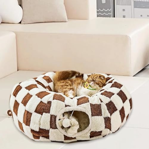 Cat Tunnel Bed with Washable Cushion for Indoor Cat, Donut Cave Tube Toys for Kitten Puppy Rabbit, Brown - color: Brown