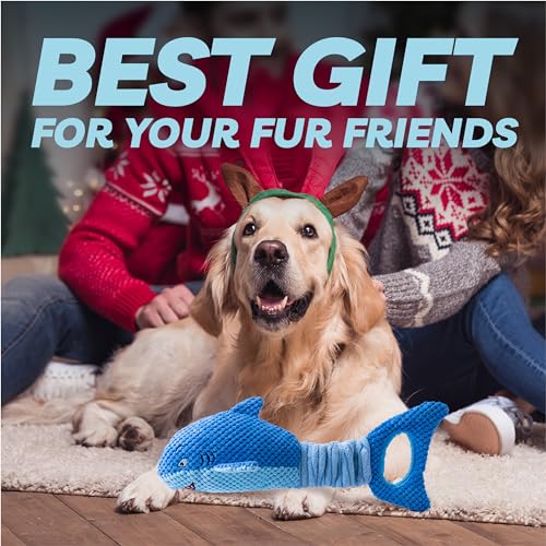 LEGEND SANDY Squeaky Dog Toys for Large Dogs – Interactive Plush Shark Toy with Crinkle & Tug of War Tail, Puppy Chew Toys for Small Medium Large Breeds - color: Blue