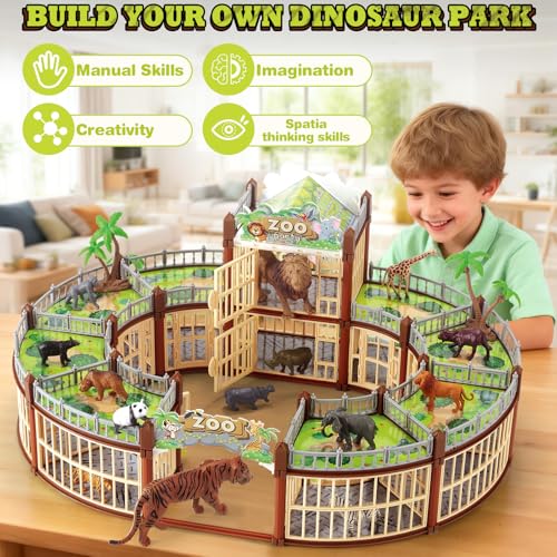 Complete 248PCS Animal Playground Set with 14 Realistic Wild Animals – Build Your Own Animal Park, Interactive Playset with Openable Fences & Battle Station, for Boys Girls Kids Toddlers 3-8 (Brown) - color: Brown