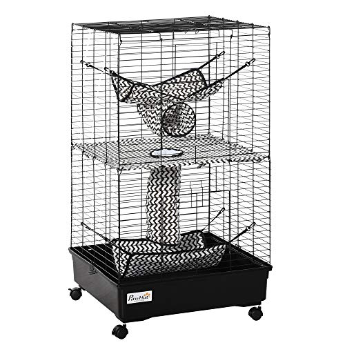 PawHut 42" Ferret Cage, Small Animal Habitat Metal Pet Cage with Wheels Brakes, Hammocks, Hanging Tunnels, and 3 Doors, Black | Metal Pet Cage, Hammocks, Hanging Tunnels