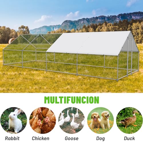 NUGRIART Large Metal Chicken Coop Walk-in Poultry Cage with Water-Resident and Anti-UV Cover Duck Rabbit Cat House Outdoor Chicken Run Pen with Spire Shaped Cage - size: 26.2’L×9.8’W×6.5’H