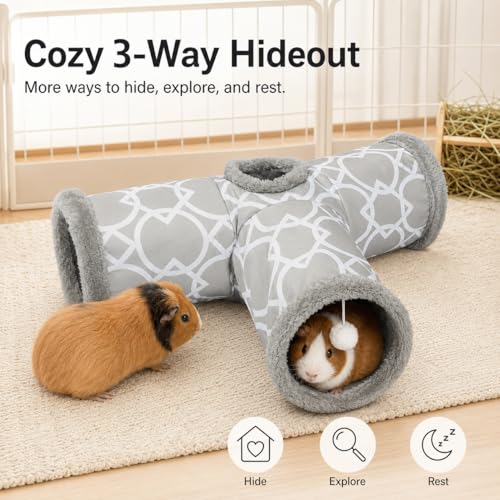 Plush Inside 3-Way Shape Small Animals Tube Tunnel with Interactive Ball for Guinea Pig, Hamster, Chinchilla, Hedgehog Hiding and Resting, Geometric Grey - size: L