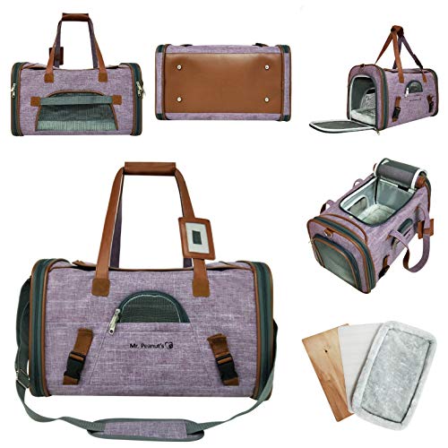 Mr. Peanut's Airline Approved Soft Sided Pet Carrier, Low Profile Gold Series Tote, Premium Brand Self Locking Zippers, Under Seat Compatibility, Plush Faux Fleece Bedding with a Sturdy Plywood Base - color: Purple