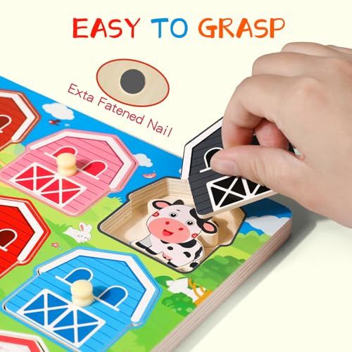 Toddler Wooden Puzzles Ages 1-3, Montessori Toys for 12+ Months Boys Girls | Birthday Gifts, Wood Farm Animal Peg Fine Motor Skills Toy Puzzles for Toddlers Age 2-4 Girls - Preschool Learning Activities