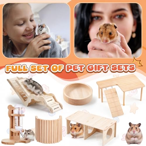 6 Pcs Hamster Cage Accessories Hamster Toys Set, Maze Climbing Ladder Wooden Bridge Tunnel Toy Platform Water Bottle Feeding Bowl Set for Rat Mice Small Animals Habitat