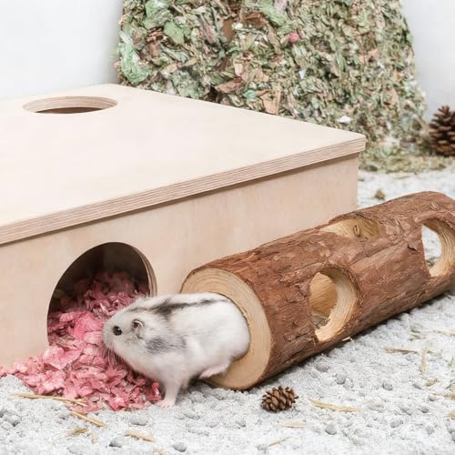 Natural Wooden Hamster Mouse Tunnel Tube Toy Forest Hollow Tree Trunk for Gerbils，Hamsters, and Mice or Other Small-Sized Pets (Double Hole)