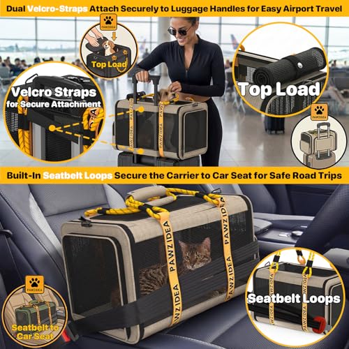 PAWZIDEA Expandable Pet Carrier Airline Approved, 18"×11"×11" Small Dog Carriers, Collapsible Top-Load Cat Carrier for 2 Cats Under Seat, Soft-Sided Puppy & Animal Travel Bag, ID Card, Up to 15lbs - color: Khaki Plaid, size: 18.0"L x 11.0"W x 11.0"H
