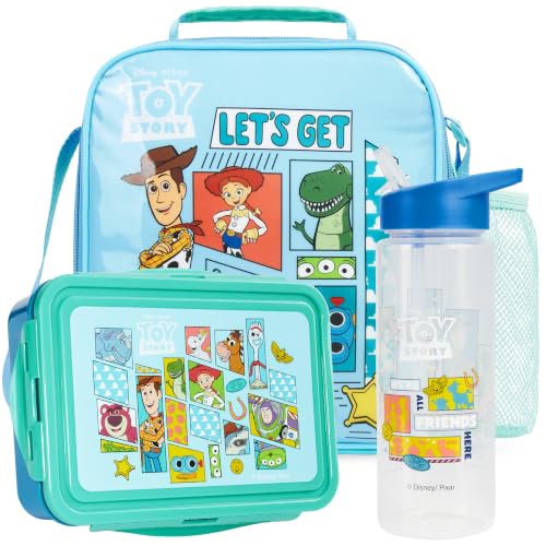 Get Trend Toy Story Boys Lunch Box 3Pc Set | Kids Insulated Lunch Bag with BPA-Free Water Bottle and Bento Box, Back to School Woody & Buzz Lightyear Gifts for Boys - color: Blue/Multi Toy Story