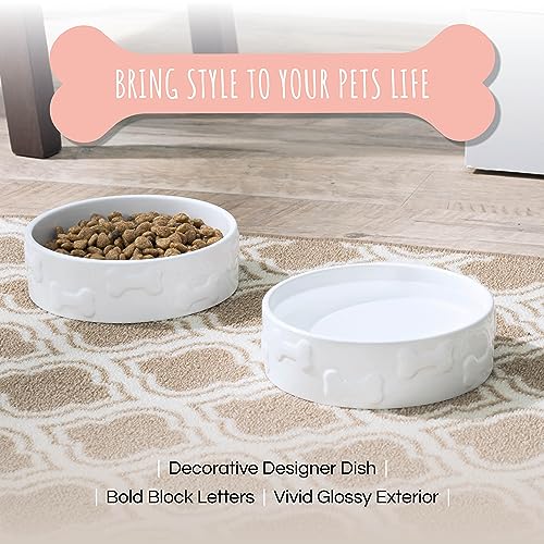 Ceramic Dog and Cat Bowl, White, Medium | Shallow Mess-Proof Pet Dish | Stylish Manor Design | Easy-Clean, Dishwasher Safe - color: White, size: Medium