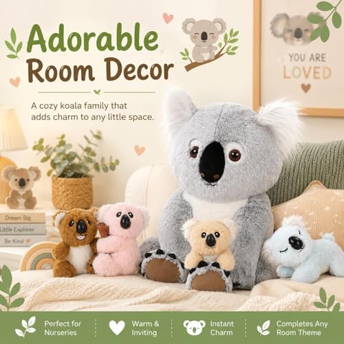 Koala Plush Toy with Babies, 17.7“ Wild Animal Stuffed Animal | Mother and Baby Plushies; Zipper Belly Storage; Hide-and-Seek Play; Soft Cuddly Companion; Christmas Birthday Gift for Kids - style: Koala Gray