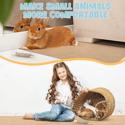 Rabbit Scratch Pad 3.28FT Self Adhesive Cuttable Rabbit Scratching Pad with Seagrass Sweet Bamboo Stick Biting Toys and Sticky Dot Stickers, Claws and Teeth Care Animal Scratching Mats for Pet Cages