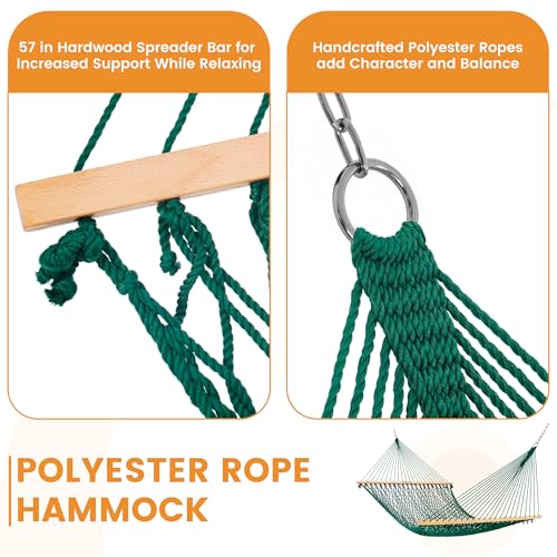 Lazy Daze 13 Ft Double Handwoven Polyester Rope Hammock with Tree Straps | Mesh Hammock for 2 Person, with Spreader Bar, Carabiners, Chains for Outside, Backyard, Patio, 450 Lbs Capacity - color: Green