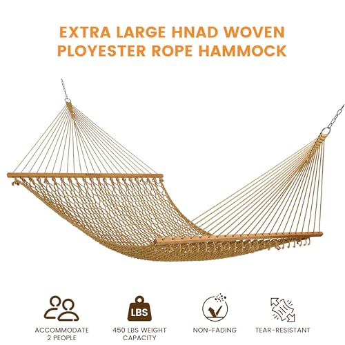 Lazy Daze 13 Ft Double Handwoven Polyester Rope Hammock with Tree Straps | Mesh Hammock for 2 Person, with Spreader Bar, Carabiners, Chains for Outside, Backyard, Patio, 450 Lbs Capacity - color: Tan