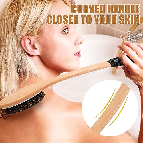 OWIIZI Antiskid Back Scrubber for Shower with Natural Horsehair Bristles | 17.2" Wooden Curved Long Handle Bath Brush,Shower Brush for Exfoliating,Back Scrub Deep Cleanse for Back Use Wet or Dry