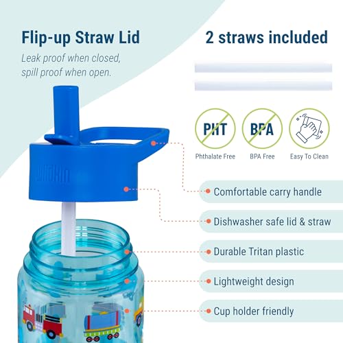 Wildkin 16 oz Tritan Water Bottle with Straw Lid, Trains, Planes & Trucks | Lightweight Tritan, dishwasher safe, straw lid helps prevent leaks when closed, easy for little hands, ages 3+ - color: Trains, Planes & Trucks, size: 16 Ounces