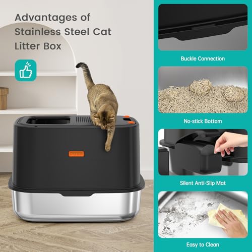 XL Stainless Steel Cat Litter Box with Lid, Top Entry, Mat & Scoop Included | XL for Big Cats, High Sides Enclosed Design, Anti-Urine Leakage, Non-Stick Odor-Free, Easy Clean, Reduce Litter Tracking - color: V-Black