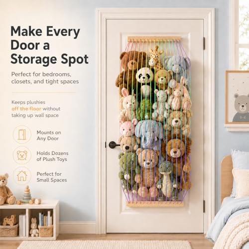 Stuffed Animal Storage Wood Soft Toy Organizer for Kids Room，Cute and Durable Wall or Door Mount Length Adjustable Hanging Stuffed Animal Toy Organizer Shelf for Nursery Play Room Rainbow -Patent - color: Rainbow