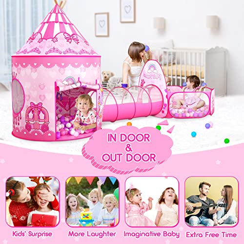 3pc Kids Play Tent for Girls with Ball Pit, Crawl Tunnel, Princess Tents for Toddlers, Baby Space World Playhouse Toys (3PC Princess Dream Tent) - style: 3PC Princess Dream Tent