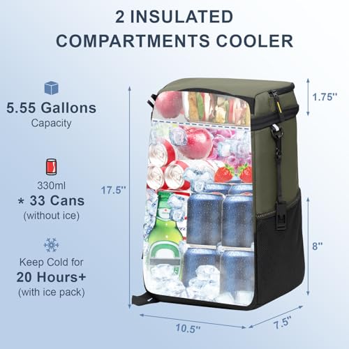 SPARTER Backpack Cooler Insulated Leak Proof 33/49 Cans, 2 Insulated Compartments Thermal Bag, Portable Lightweight Beach Travel Camping Lunch Backpack for Men and Women - color: Olive, size: 33 Can