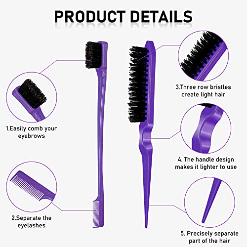 Remerry Nylon Hair Brush Set for Women & Girls, 12 Pieces Including 3 Row Salon Teasing Brushes, Double Sided Hair Edge Brush, Rat Tail Combs, Duckbill Clips - Purple - color: Purple