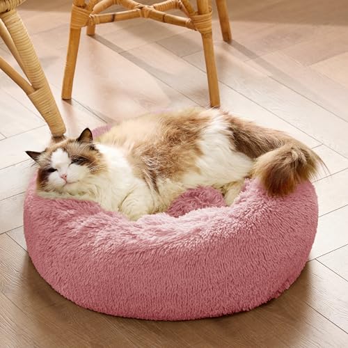 Bedsure Calming Cat Beds Donut Round Washable Kitten Bed,20 inches Mauve Blush - color: Mauve Blush, size: 20"L x 20"W x 6"Th