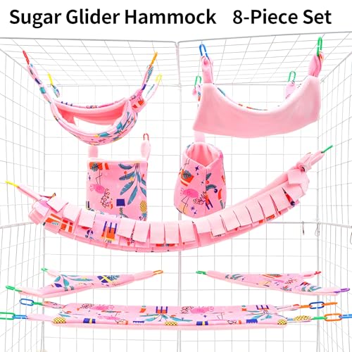 8 Pcs Sugar Glider Cage Set, Small Animal Fleece Hammock Set, Hanging Bed, Climbing Bridge and Toys for Sugar Gliders, Fancy Rats, Squirrels,Ferrets,Pink7126-1 - color: Pink