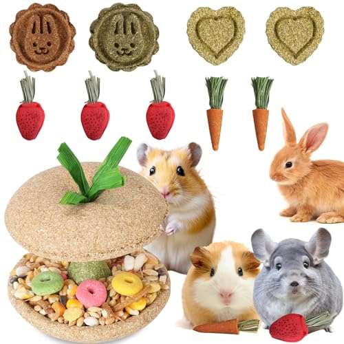 10 PCS Hamster Chew Toys, Guinea Pig Chew Toys for Teeth Natural Timothy Chinchilla Treats Apple Core, Grass Cake, Carrot and Strawberry for Gerbil, Rat, Rabbit and Small Animal Dental Care