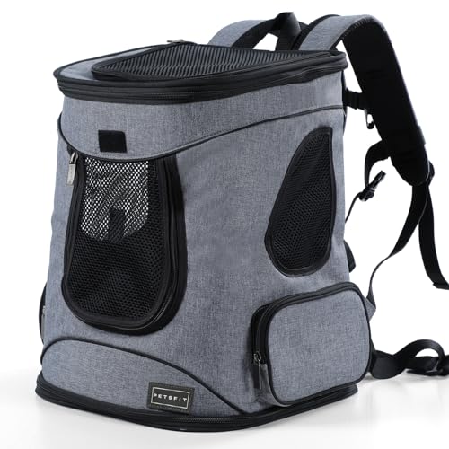 Petsfit Dog and Cat Backpack Carrier, Padded Waist Support, Up to 18 lb | 13.5 x 12.5 x 17.5 in; reinforced frame, 600D Oxford, 4 mesh panels, lockable zippers, safety tether and washable mat. - color: Gray