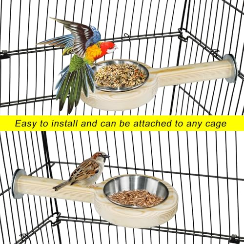 2-Pack Bird Perch Feeding Cup for Parakeet Cockatiel Budgie | 2-in-1 wooden perch and stainless steel bowl stops tipping and cage mess. Fits most cages, tool-free - color: 2*small bird feeding cup