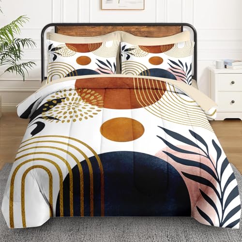 WeCozy Twin Comforter Set with Sheets, 5 Pieces Mid Century Bedding | Bed in A Bag for All Season, Sun Boho Geometric Leaf, Pillowcase & Sham for Kids and Adults - color: Boho Geometric, size: Twin