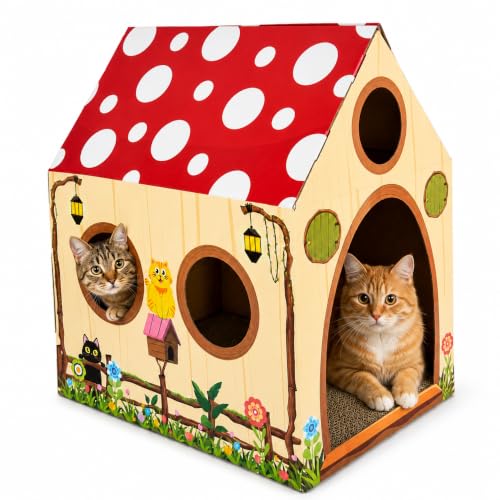 Cinrobiye Cardboard Cat House with Scratcher, Indoor Cat Condo Cat Cave Hideout with Scratch Pad, Cardboard Cat Playhouse Bed for Cats, Kittens, Rabbits & Small Pets (Mushroom) - color: Mushroom