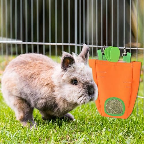 ABTOLS Rabbit Hay Feeder Bags, Hanging Hay Feeder for Cage Guinea Pigs Chinchillas Hamsters Orange Green Carrot Shape Bunny Small Animal Pet Cartoon Hay Bag - color: orange