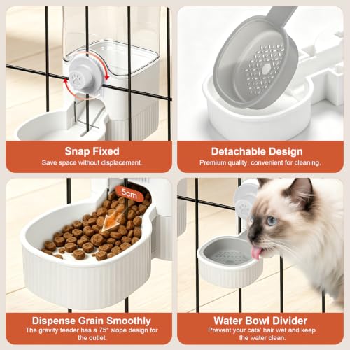 Hanging Cage Auto Small Pet Feeder Waterer Set for Puppy Cats, White | 1.2L Self-Feeding Feeder, 0.52L Waterer Set, Non-Spill Auto Gravity Kennel Feeding Station For Puppy Cats Rabbit Ferret - color: Pure White