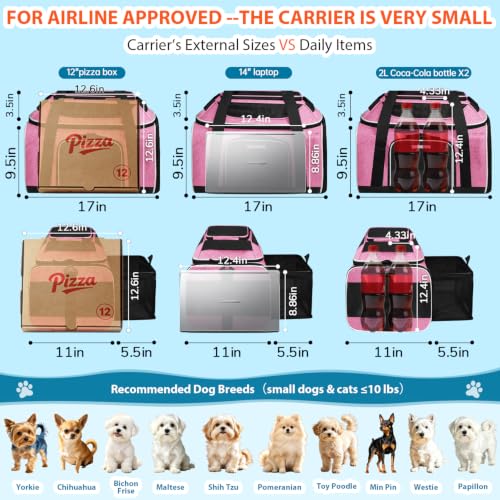 Top and Side Expandable Small Pet Carrier Airline Approved, Pink | 17"Lx11"Wx9.5"H, for Alaska Airlines, Pets Under 10 Lbs, Lockable Zippers,Soft-Sided, Anti-Scratch Mesh - color: Pink, size: 17.0"L x 11.0"W x 9.5"H