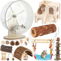 15 Pcs Hamster Cage Accessories Set, Wooden Hamster House, 9.45 Inch Silent Running Wheel, Swing, Tunnel, Chew Toys & Hideout for Dwarf Hamsters, Gerbils, Syrian Hamsters Animals Habitat