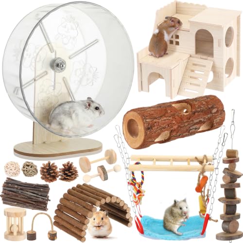 15 Pcs Hamster Cage Accessories Set, Wooden Hamster House, 9.45 Inch Silent Running Wheel, Swing, Tunnel, Chew Toys & Hideout for Dwarf Hamsters, Gerbils, Syrian Hamsters Animals Habitat