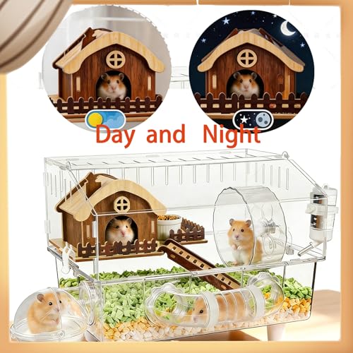 2-Story Acrylic Hamster Cage with Wooden House, Exercise Wheel, Tunnel, Water Bottle, and Ramp