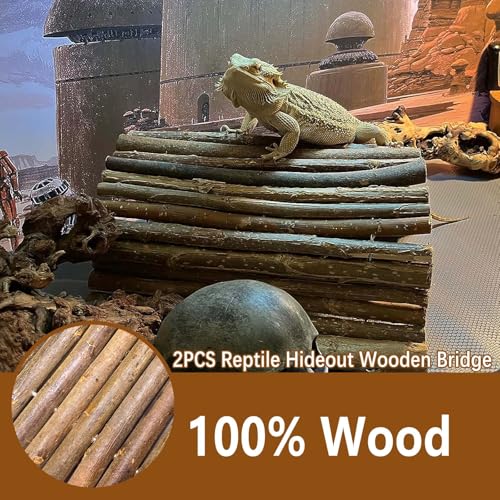 BNOSDM 2PCS Reptile Hideout Wooden Bridge 7.5"x13.4" Lizard Hide Caves Bearded Dragon Habitat Accessories for Gecko Snake Frog Chameleon Iguana Tortoise