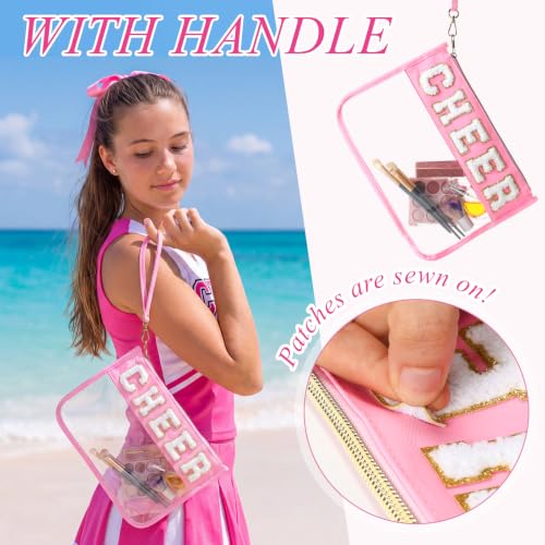 Kacctyen 20 Pcs Multicolor Chenille Letter Cheer Bags Cheerleader Clear Makeup Bags Snacks Pouch Bulk Preppy Patch Cosmetic Pouch with Wrist Strap Zipper for Travel Team Cheerleaders - color: Multicolor